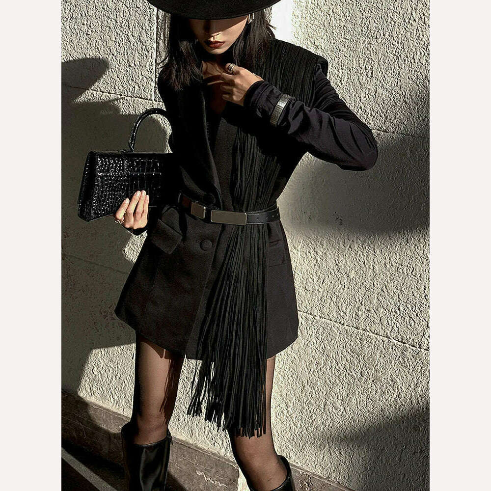KIMLUD, TWOTWINSTYLE Korean Fashion Black Patchwork Tassels Blazer For Women Notched Collar Long Sleeve Solid Blazers Female Spring 2023, KIMLUD Women's Clothes