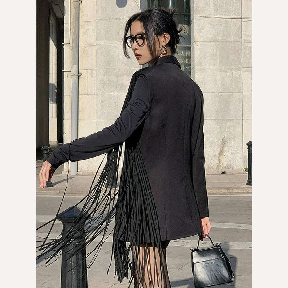 KIMLUD, TWOTWINSTYLE Korean Fashion Black Patchwork Tassels Blazer For Women Notched Collar Long Sleeve Solid Blazers Female Spring 2023, KIMLUD Women's Clothes