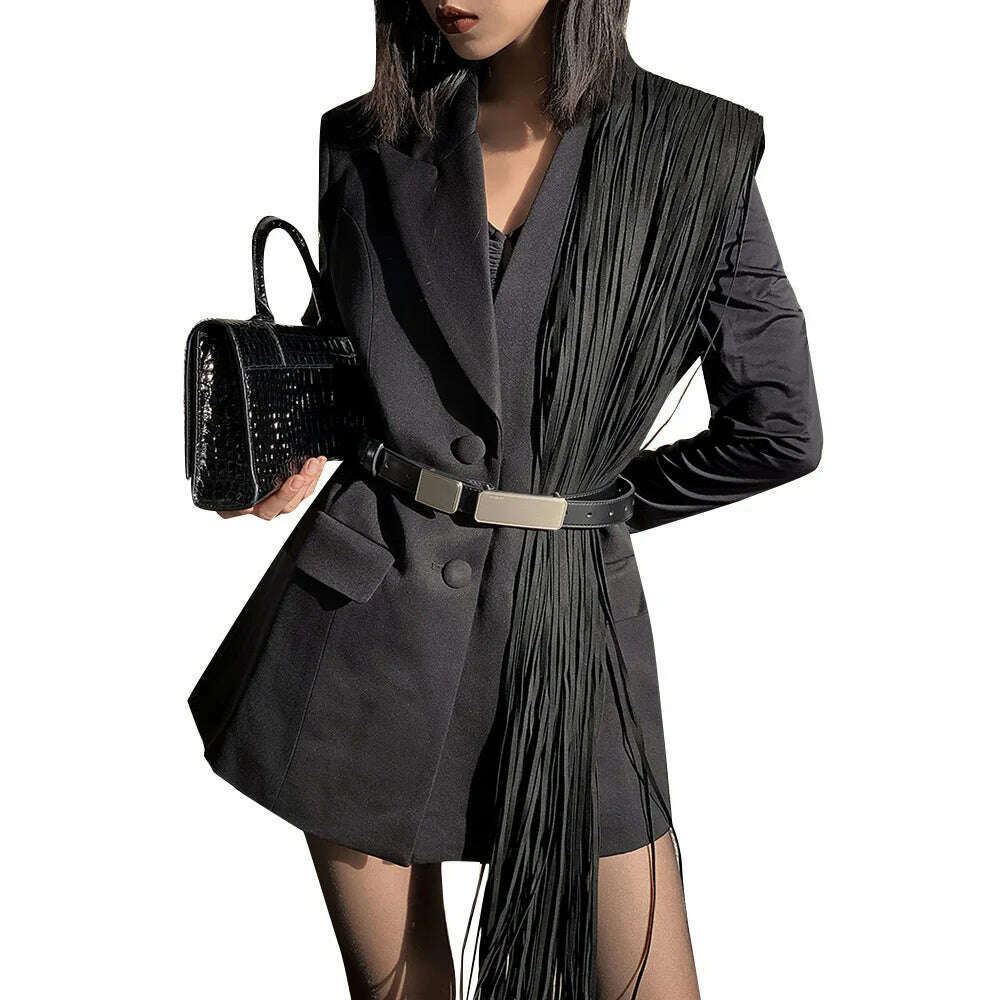 KIMLUD, TWOTWINSTYLE Korean Fashion Black Patchwork Tassels Blazer For Women Notched Collar Long Sleeve Solid Blazers Female Spring 2023, KIMLUD Womens Clothes