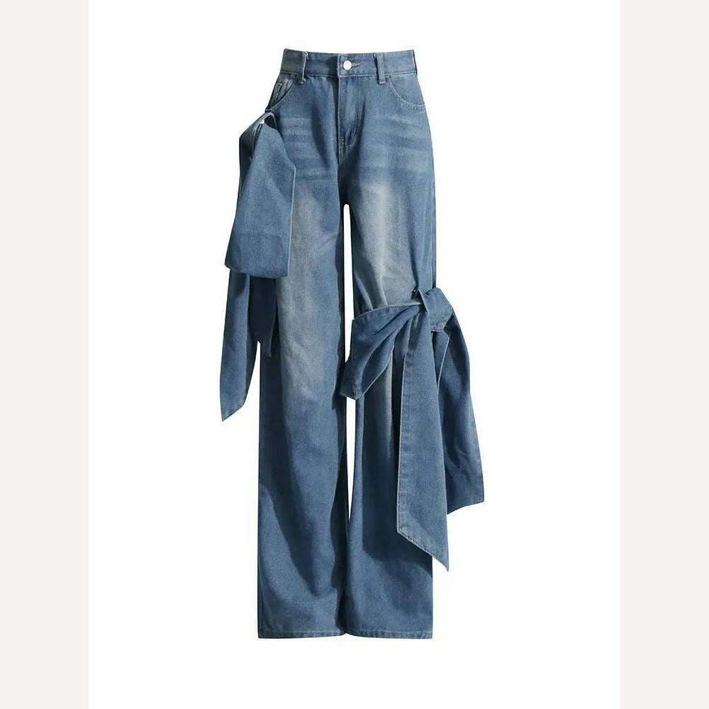 TWOTWINSTYLE Patchwork Bownot Designer Denim Pants For Women High Waist Spliced Pockets Loose Streetwear Jeans Female Fashion - KIMLUD