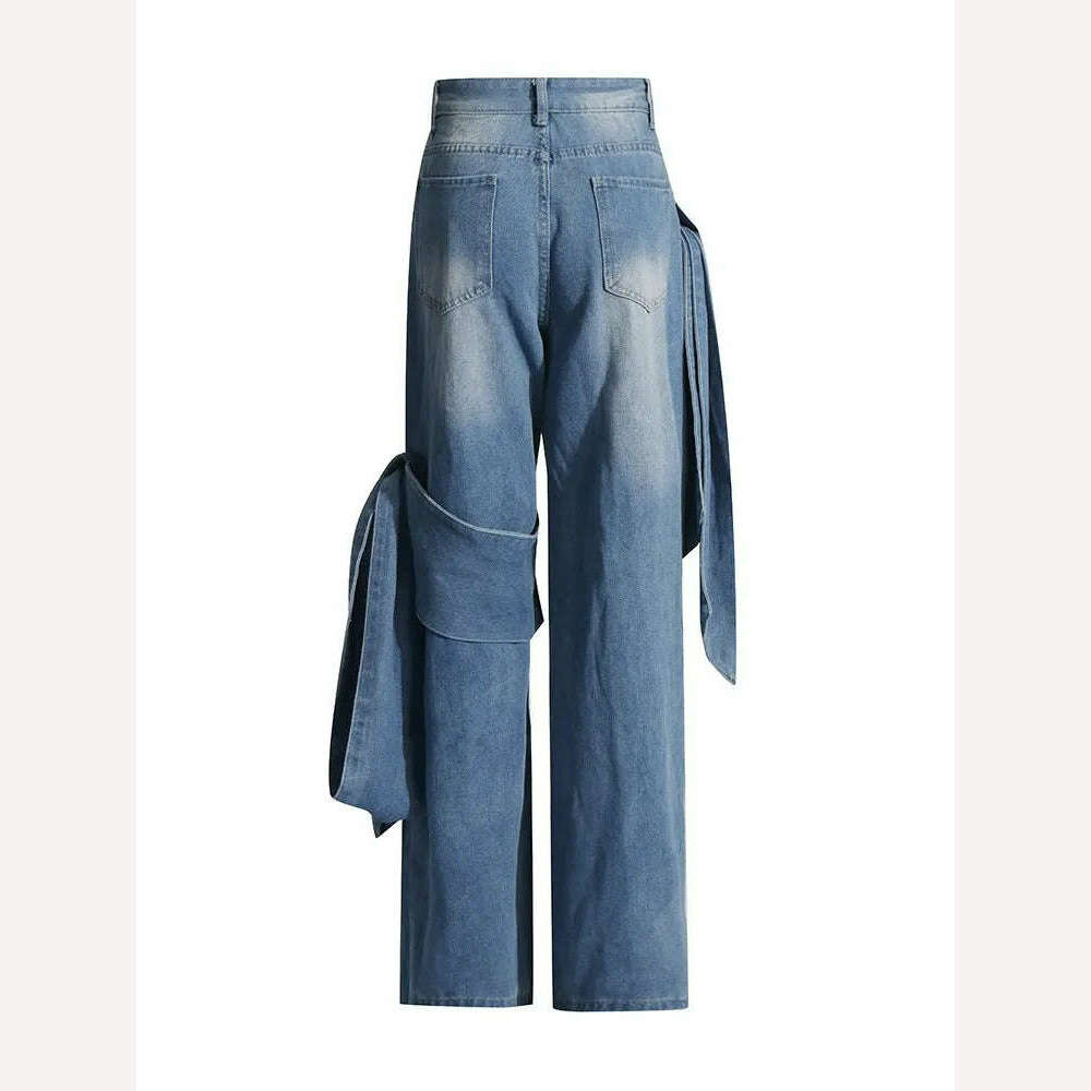 TWOTWINSTYLE Patchwork Bownot Designer Denim Pants For Women High Waist Spliced Pockets Loose Streetwear Jeans Female Fashion - KIMLUD