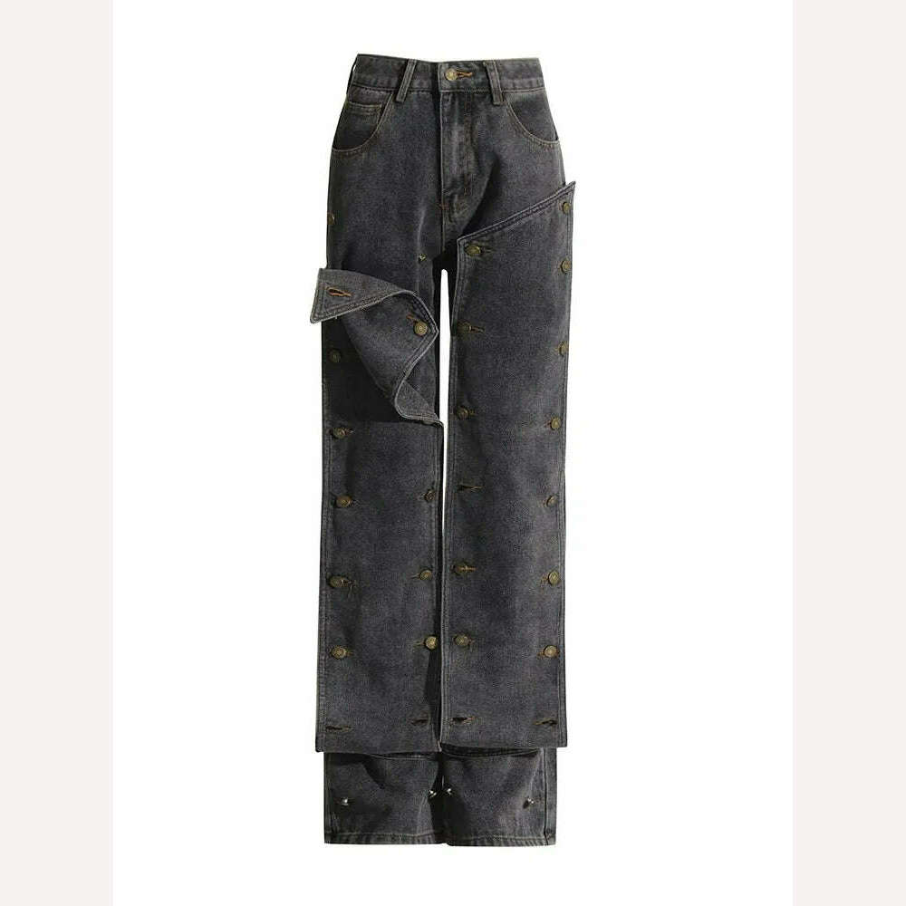 TWOTWINSTYLE Patchwork Button Detachable Denim Pant For Women High Waist Spliced Pocket Chic Straight Jeans Female Fashion New - KIMLUD
