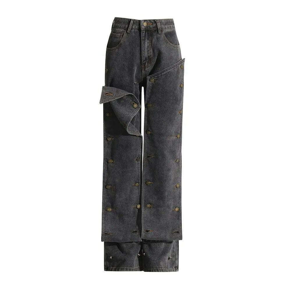 TWOTWINSTYLE Patchwork Button Detachable Denim Pant For Women High Waist Spliced Pocket Chic Straight Jeans Female Fashion New - KIMLUD