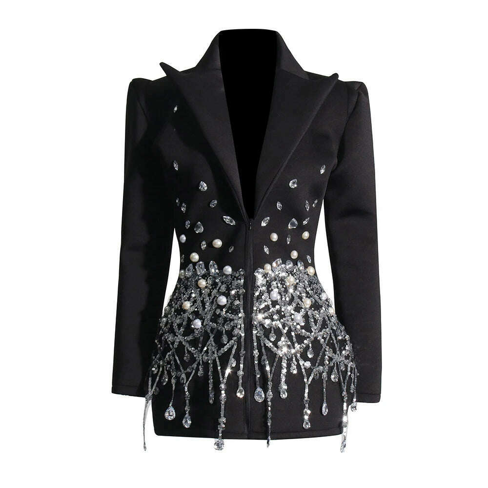 TWOTWINSTYLE Patchwork Diamonds Mini Dress For Women Lapel Long Sleeve High Waist Spliced Sequins Temperament Dresses Female New - KIMLUD