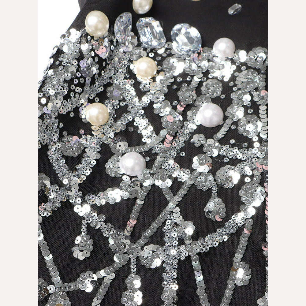 KIMLUD, TWOTWINSTYLE Patchwork Diamonds Mini Dress For Women Lapel Long Sleeve High Waist Spliced Sequins Temperament Dresses Female New, KIMLUD Women's Clothes