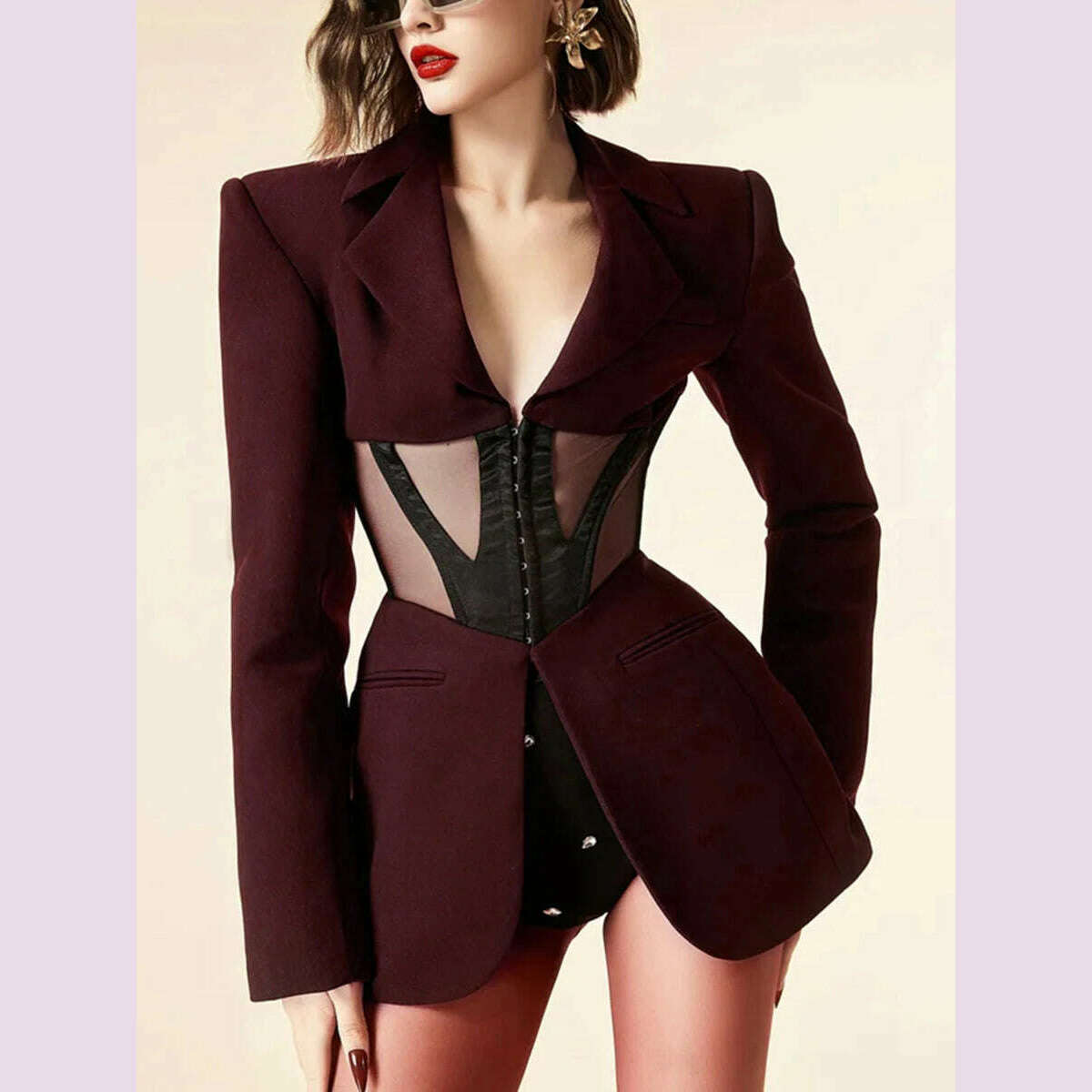 KIMLUD, TWOTWINSTYLE Patchwork Sheer Mesh Sexy Blazers For Women Notched Collar Long Sleeve Spliced Pocket Female Fashion Clothing New, red / S, KIMLUD APPAREL - Womens Clothes