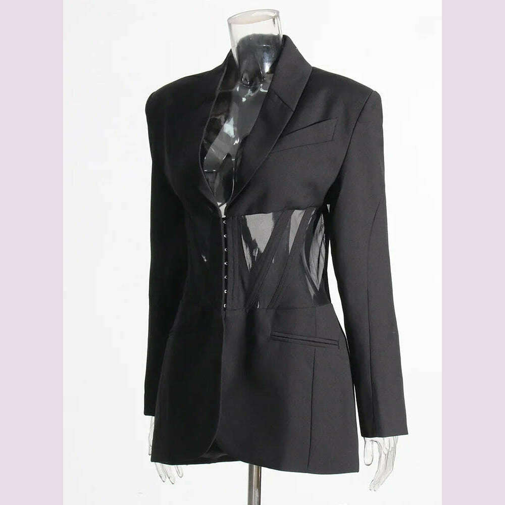 KIMLUD, TWOTWINSTYLE Patchwork Sheer Mesh Sexy Blazers For Women Notched Collar Long Sleeve Spliced Pocket Female Fashion Clothing New, KIMLUD Womens Clothes