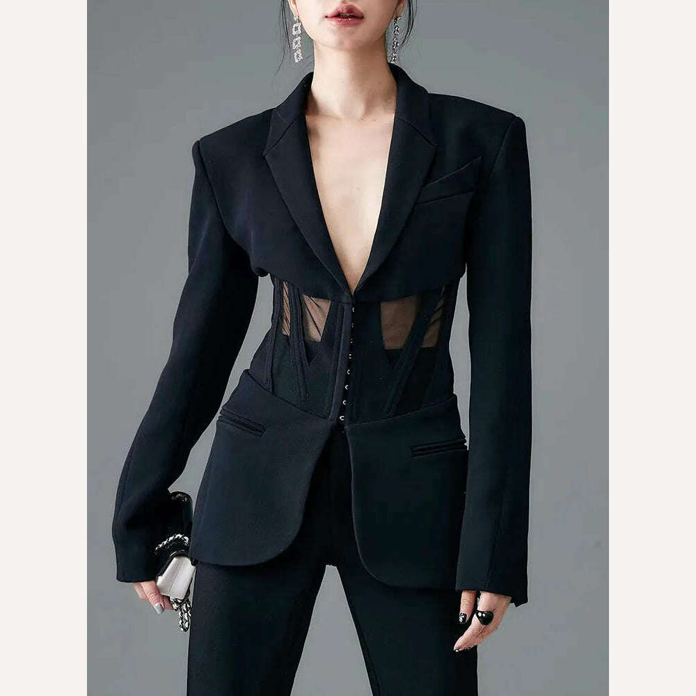 KIMLUD, TWOTWINSTYLE Solid Blazers For Women Notched Collar Long Sleeves Patchwork Mesh Slimming Sexy Blazer Female Fashion Clothes 2023, KIMLUD Women's Clothes