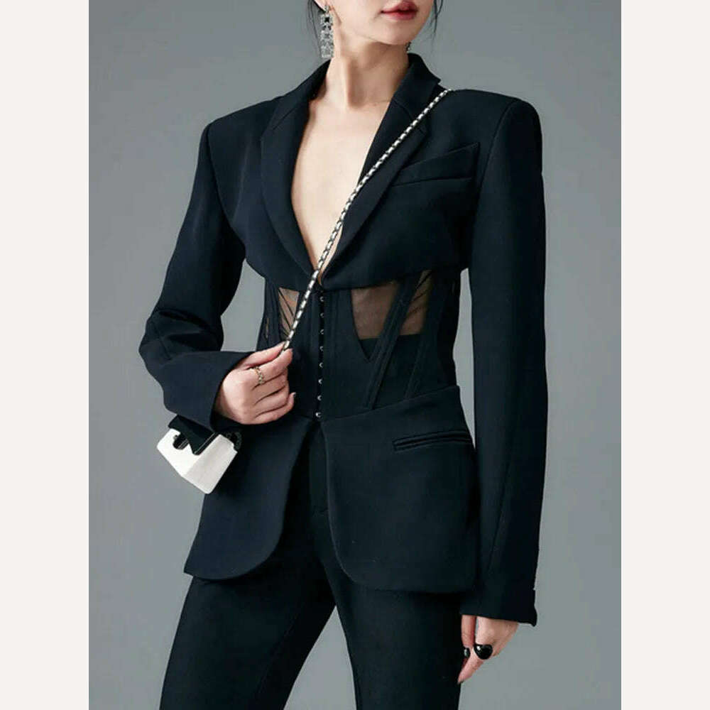 KIMLUD, TWOTWINSTYLE Solid Blazers For Women Notched Collar Long Sleeves Patchwork Mesh Slimming Sexy Blazer Female Fashion Clothes 2023, KIMLUD Womens Clothes