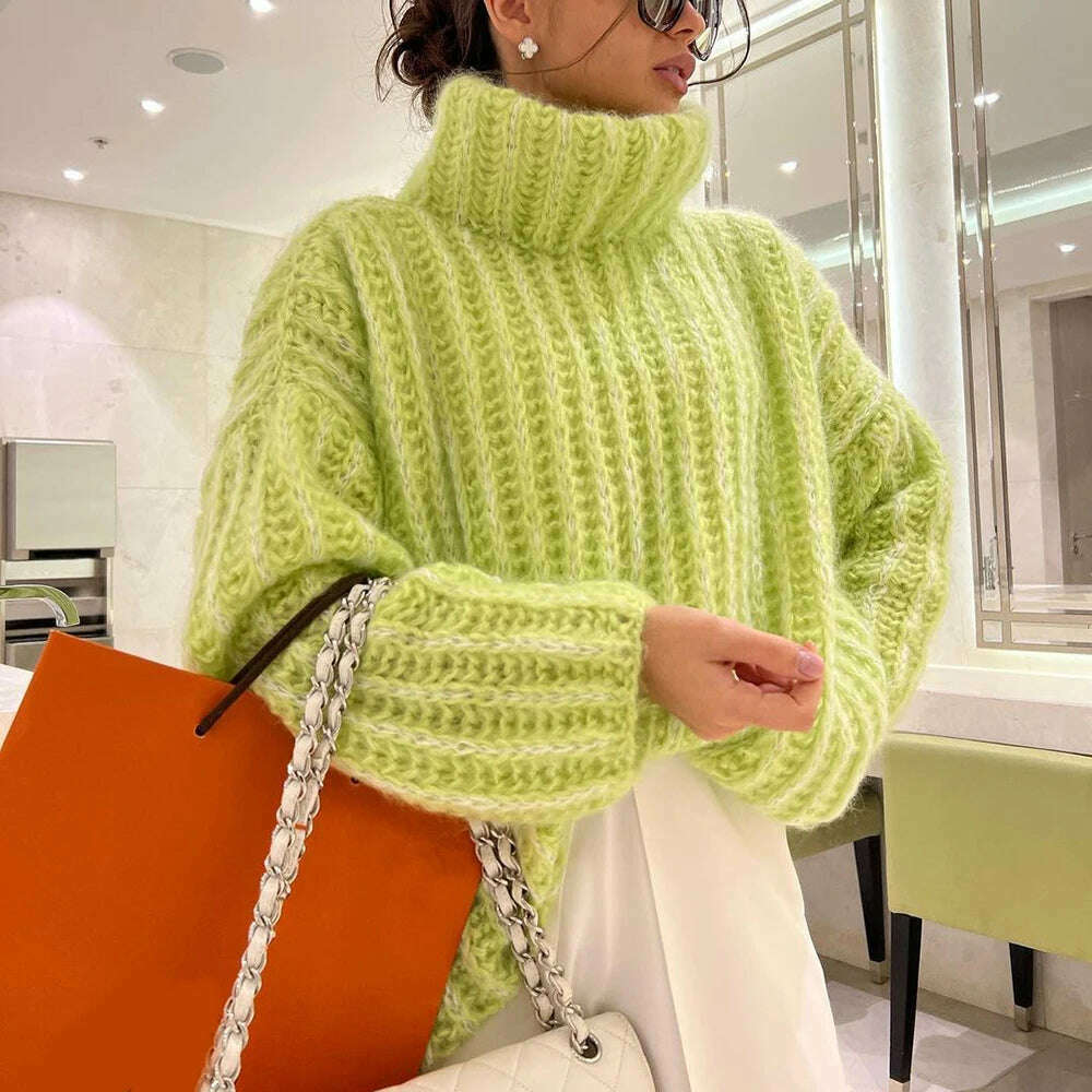 KIMLUD, TWOTWINSTYLE Solid Minimalist Sweaters For Women Turtleneck Long Sleeve Loose Pullover Winter Sweater Female Fashion Clothing, GREEN / S, KIMLUD Womens Clothes