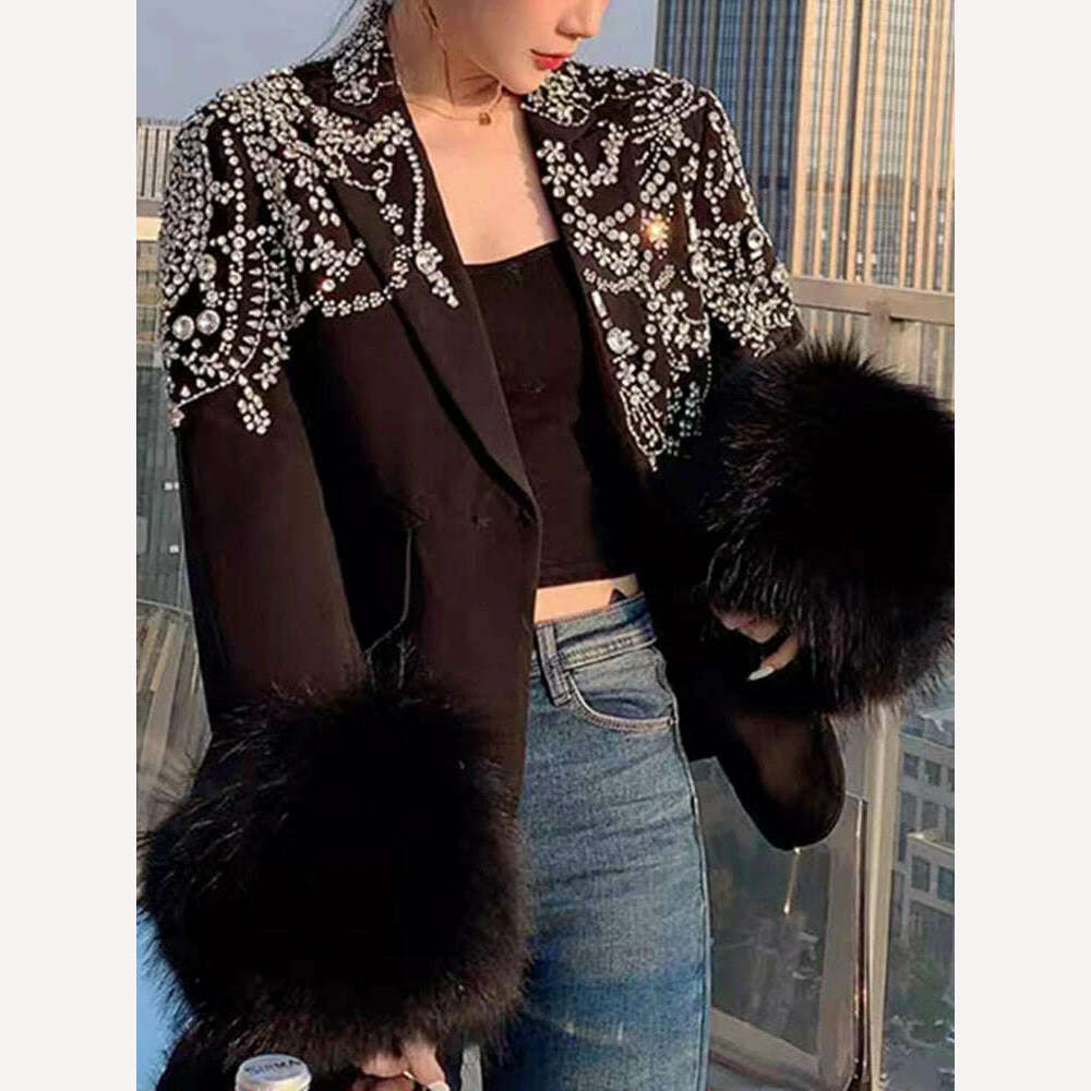KIMLUD, TWOTWINSTYLE Solid Patchwork Diamonds Blazer For Women Notched Collar Long Sleeve Spliced Fur Chic Blazers Female Fashion New, KIMLUD Womens Clothes