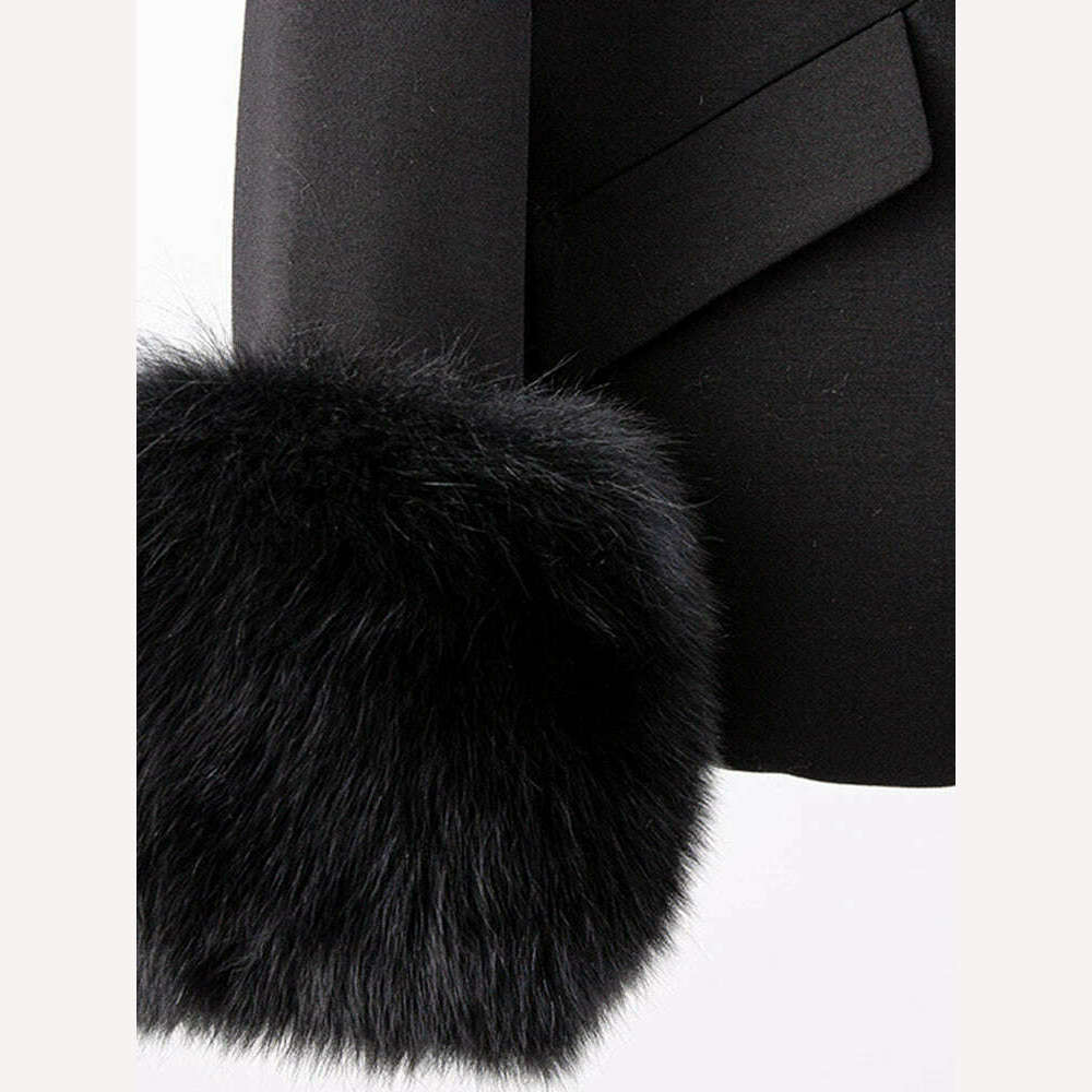 KIMLUD, TWOTWINSTYLE Solid Patchwork Diamonds Blazer For Women Notched Collar Long Sleeve Spliced Fur Chic Blazers Female Fashion New, KIMLUD Womens Clothes