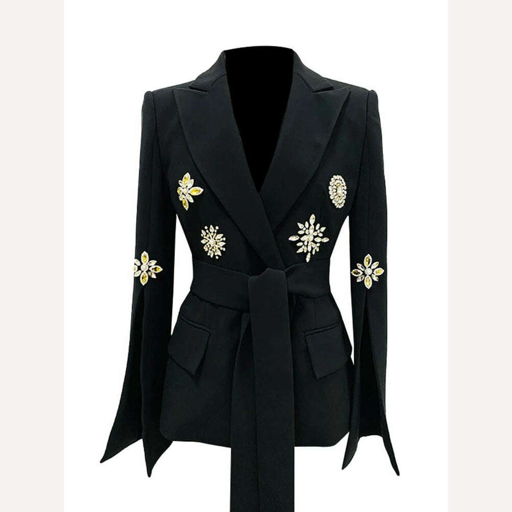 KIMLUD, TWOTWINSTYLE Solid Patchwork Diamonds Blazer For Women Notched Collar Long Sleeve Spliced Lace Up Slimming Chic Blazers Female, Black / S, KIMLUD APPAREL - Womens Clothes