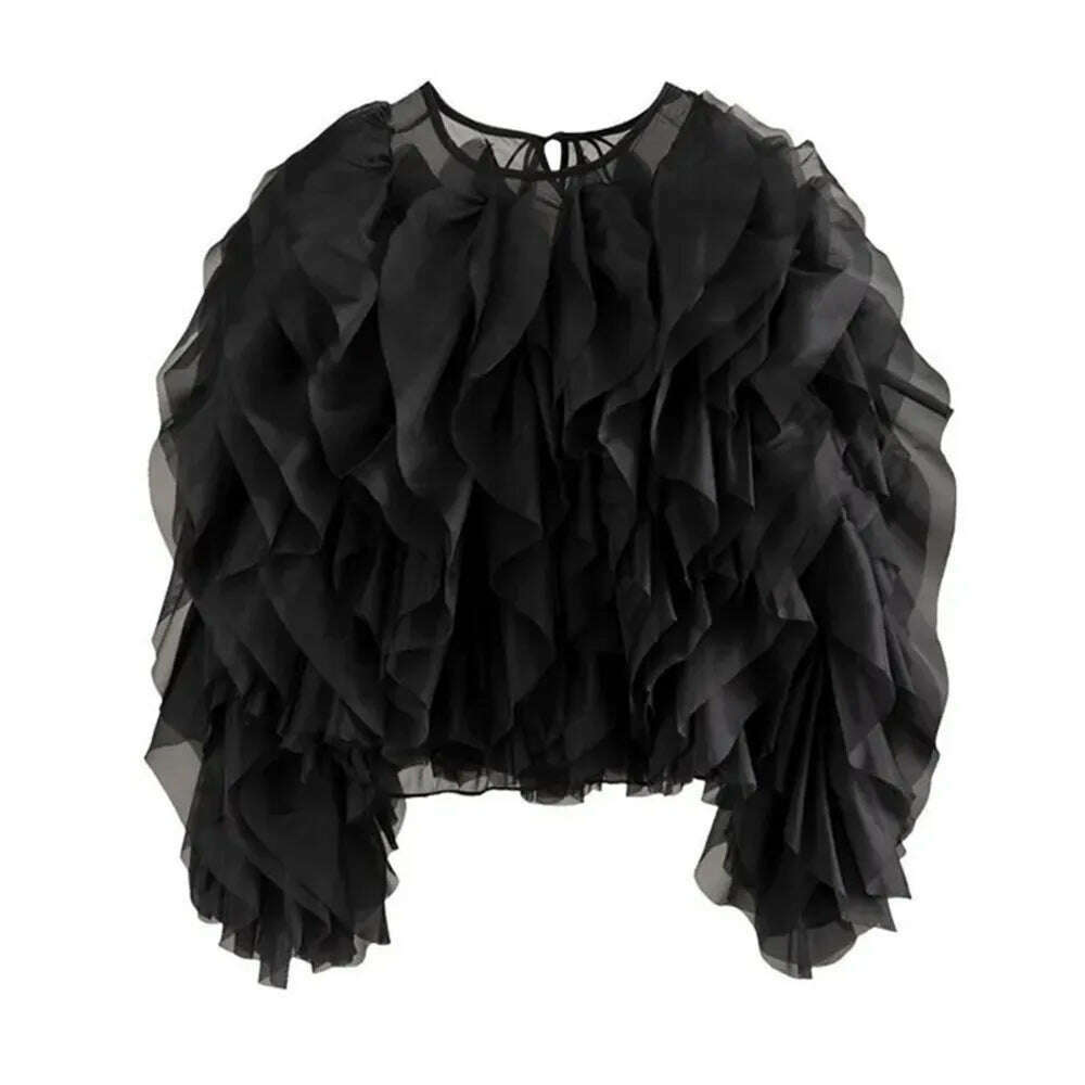 KIMLUD, TWOTWINSTYLE Solid Patchwork Folds Shirts For Women Round Neck Lantern Sleeve Spliced Lace Up Minimalist Blouse Female Fashion, black / M, KIMLUD APPAREL - Womens Clothes