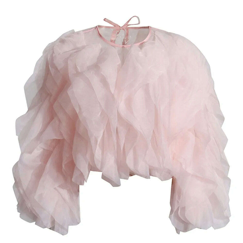 KIMLUD, TWOTWINSTYLE Solid Patchwork Folds Shirts For Women Round Neck Lantern Sleeve Spliced Lace Up Minimalist Blouse Female Fashion, PINK / XL, KIMLUD APPAREL - Womens Clothes