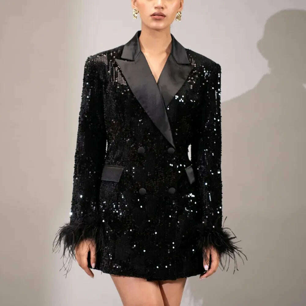 KIMLUD, TWOTWINSTYLE Solid Patchwork Sequins Blazer For Women Notched Collar Long Sleeve Spliced Feathers Elegant Blazers Female Fashion, Black / L, KIMLUD APPAREL - Womens Clothes