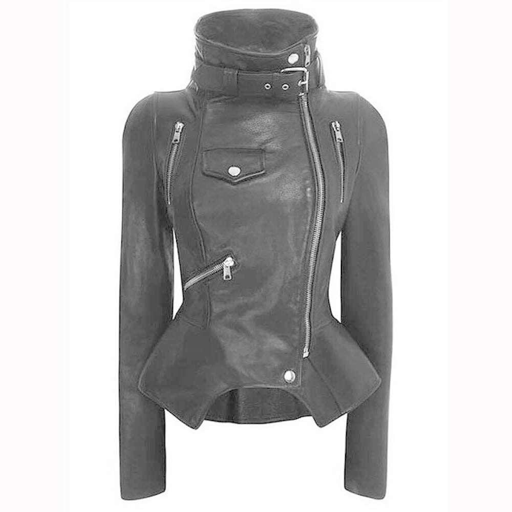 TWOTWINSTYLE Solid Patchwork Zipper Casual Slimming Coats For Women Stand Collar Long Sleeve Streetwear Leather Jackets Female - KIMLUD