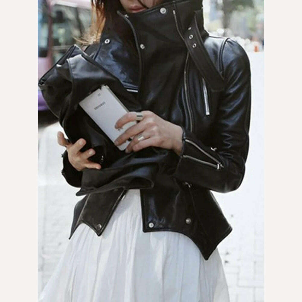 TWOTWINSTYLE Solid Patchwork Zipper Casual Slimming Coats For Women Stand Collar Long Sleeve Streetwear Leather Jackets Female - KIMLUD