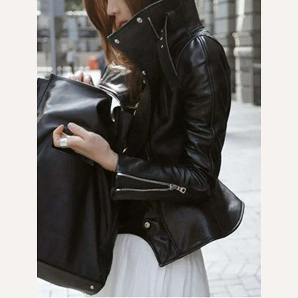 TWOTWINSTYLE Solid Patchwork Zipper Casual Slimming Coats For Women Stand Collar Long Sleeve Streetwear Leather Jackets Female - KIMLUD