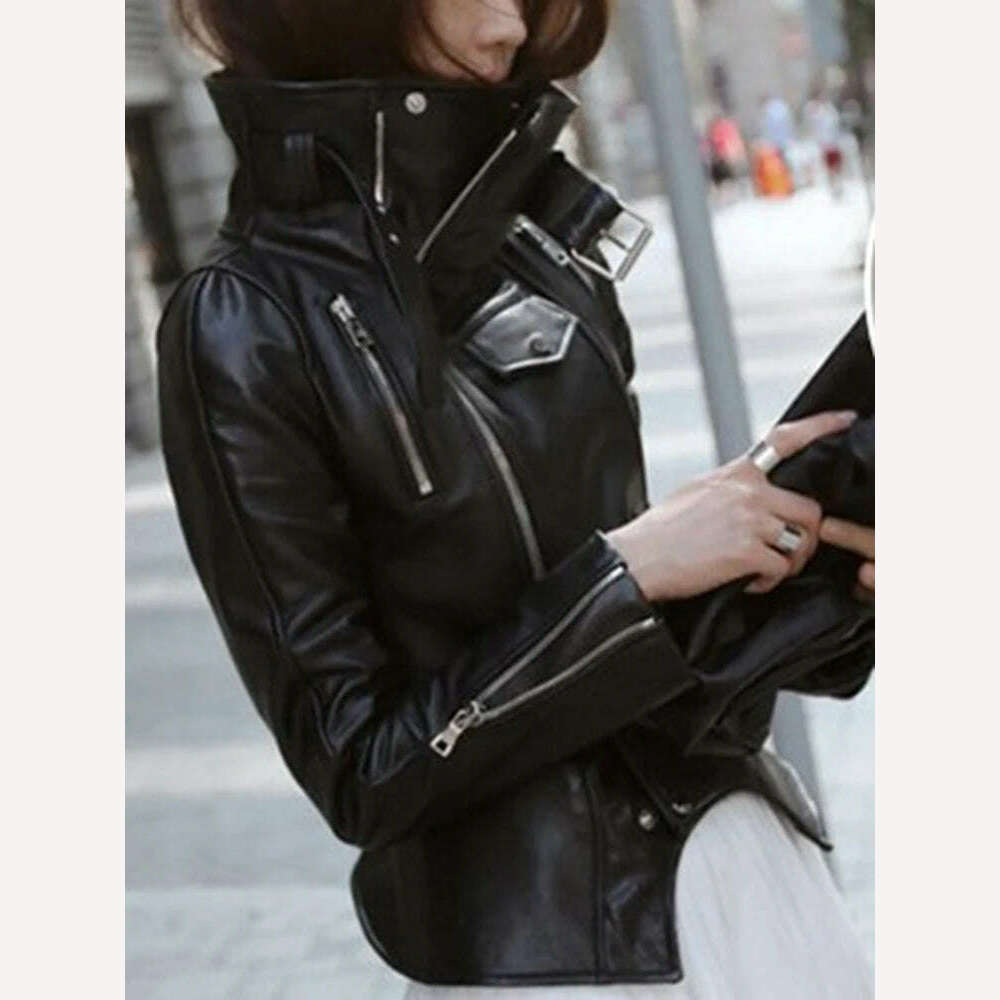 TWOTWINSTYLE Solid Patchwork Zipper Casual Slimming Coats For Women Stand Collar Long Sleeve Streetwear Leather Jackets Female - KIMLUD