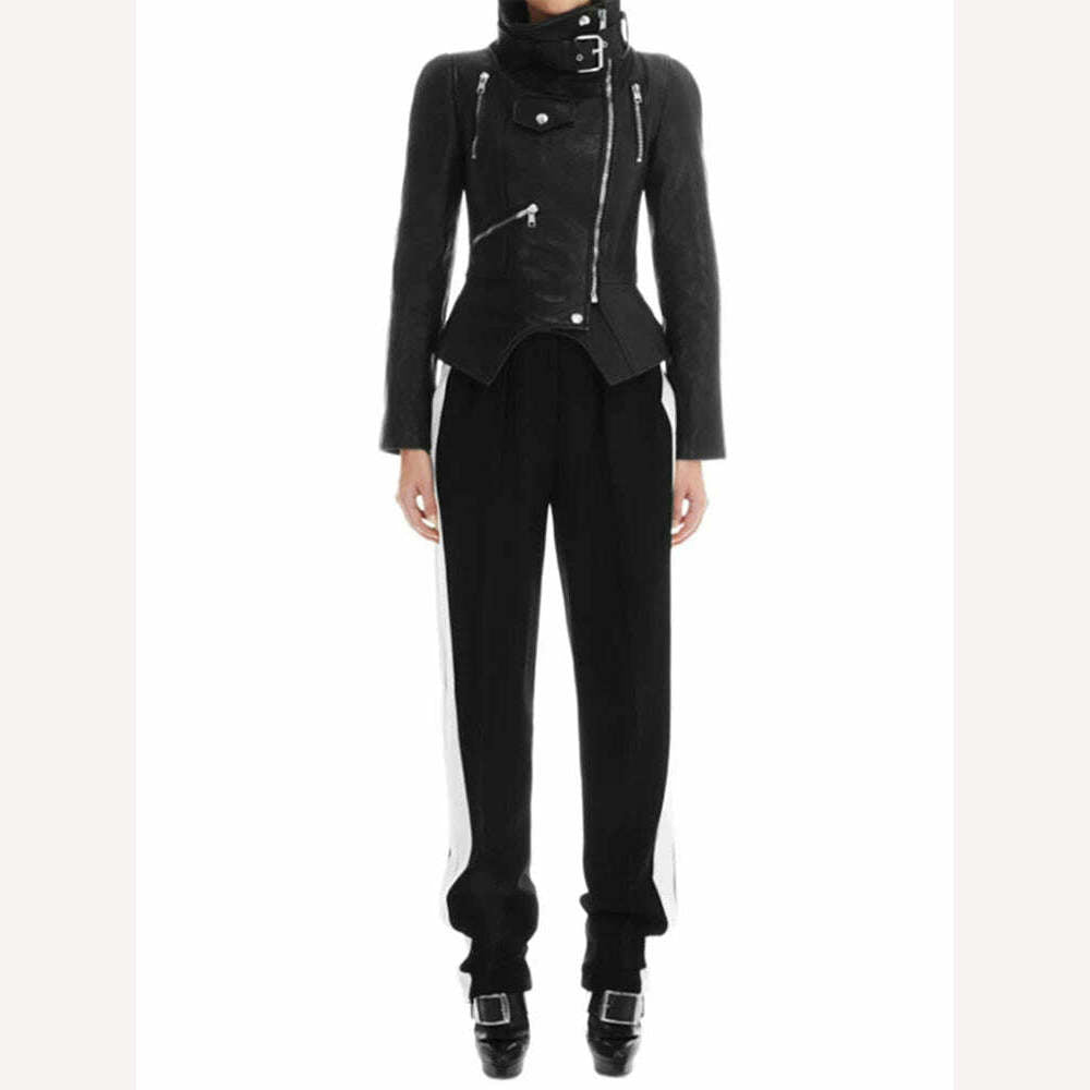 TWOTWINSTYLE Solid Patchwork Zipper Casual Slimming Coats For Women Stand Collar Long Sleeve Streetwear Leather Jackets Female - KIMLUD