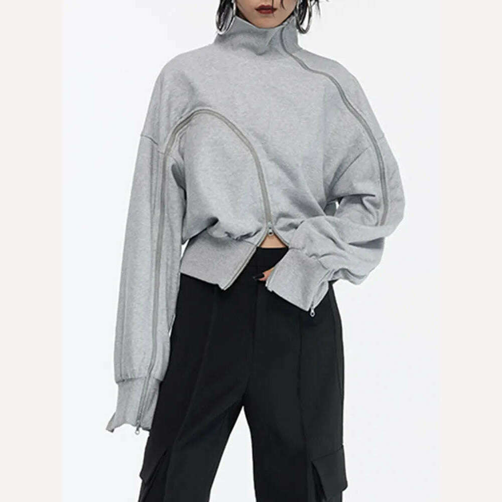 KIMLUD, TWOTWINSTYLE Solid Patchwork Zipper Streetwear Sweatshirts For Women Tuntleneck Long Sleeve Pullover Sweatshirt Female Fahion, KIMLUD Women's Clothes