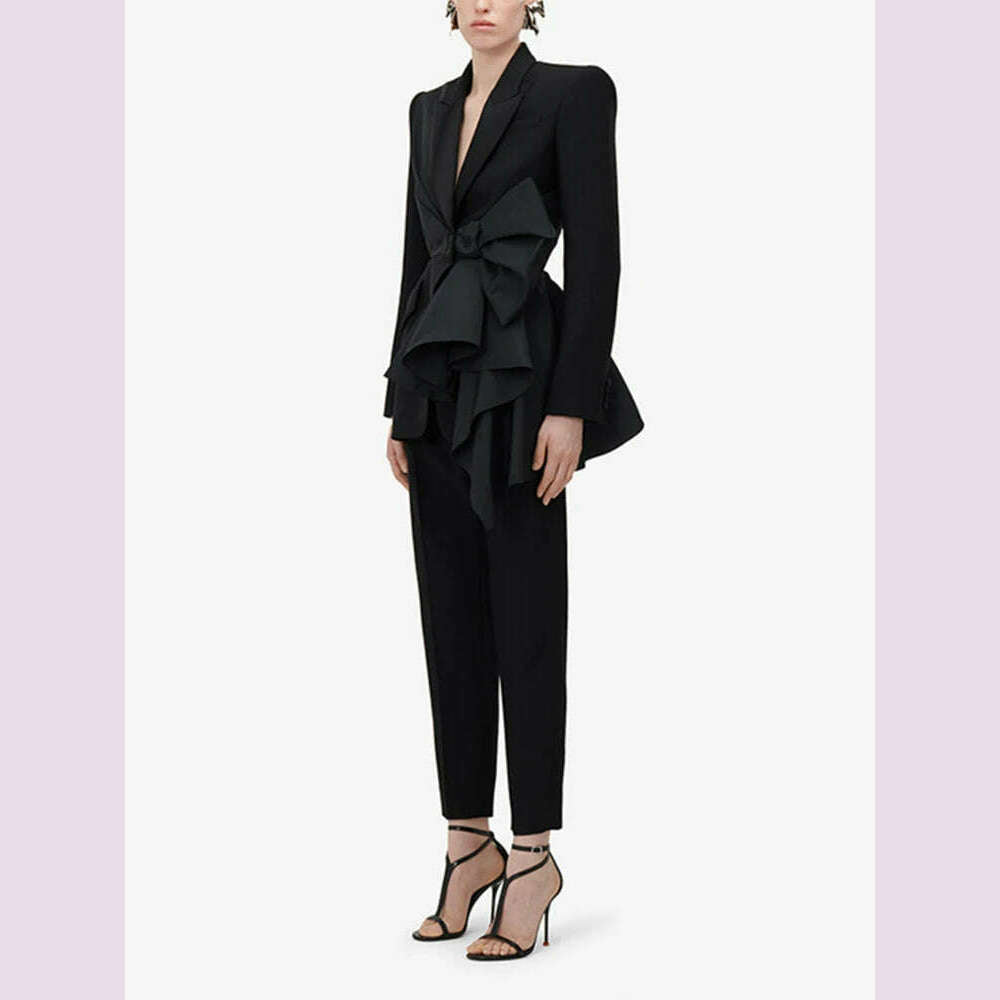 KIMLUD, TWOTWINSTYLE Solid Spliced Bowknot Hollow Out Blazer For Women Notched Collar Long Sleeve Tunic Temperament Blazers Female New, KIMLUD Womens Clothes