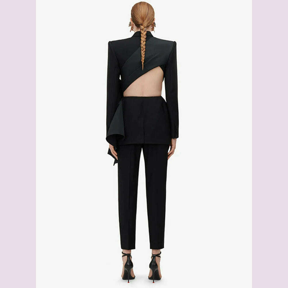 KIMLUD, TWOTWINSTYLE Solid Spliced Bowknot Hollow Out Blazer For Women Notched Collar Long Sleeve Tunic Temperament Blazers Female New, KIMLUD Womens Clothes