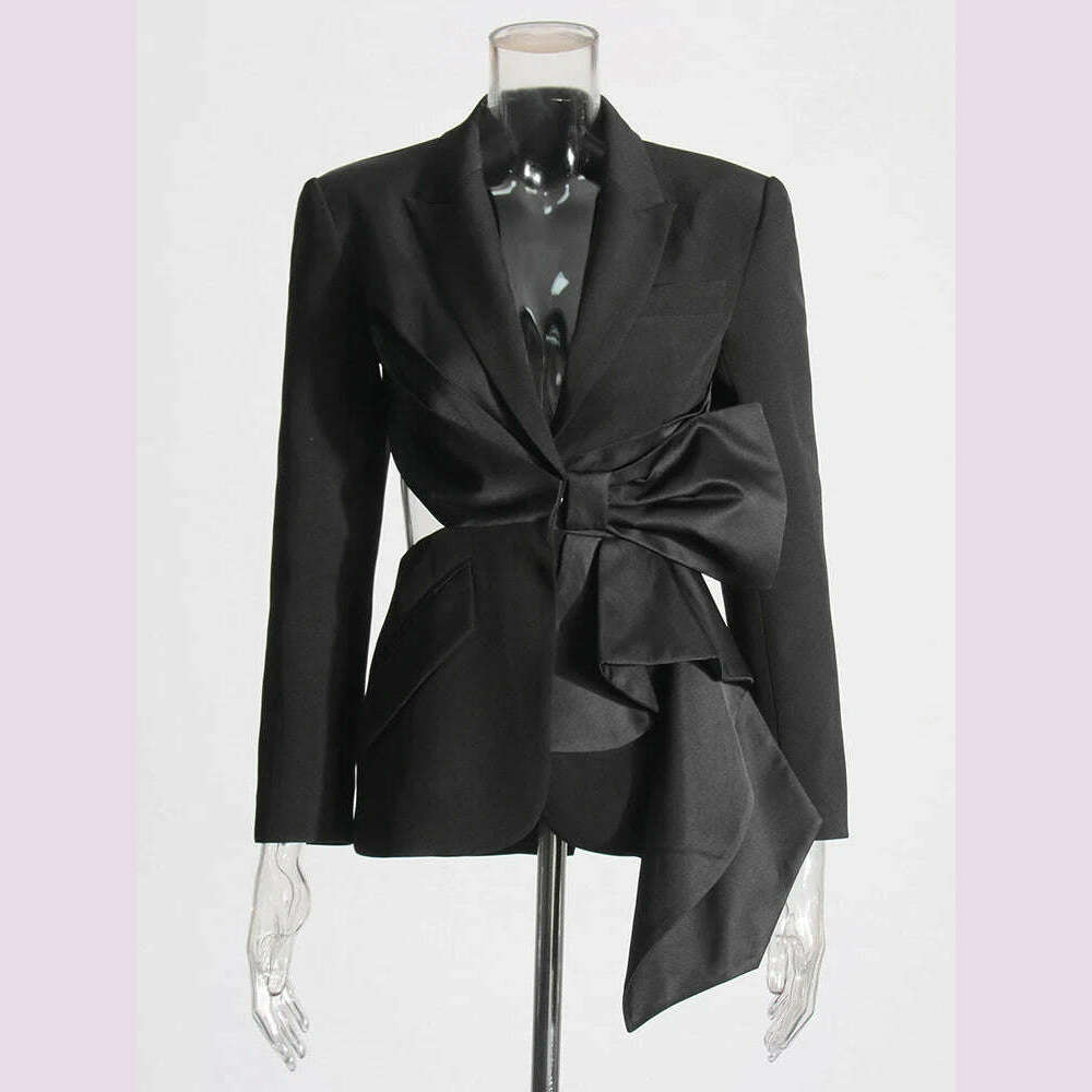 KIMLUD, TWOTWINSTYLE Solid Spliced Bowknot Hollow Out Blazer For Women Notched Collar Long Sleeve Tunic Temperament Blazers Female New, KIMLUD Womens Clothes