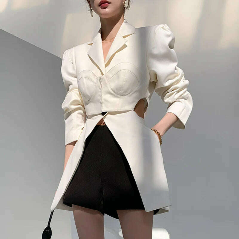 KIMLUD, TWOTWINSTYLE White Casual Blazer For Women Notched Long Sleeve Hollow Out Korean Straight Blazers Female 2021 Spring Fashion New, KIMLUD Womens Clothes