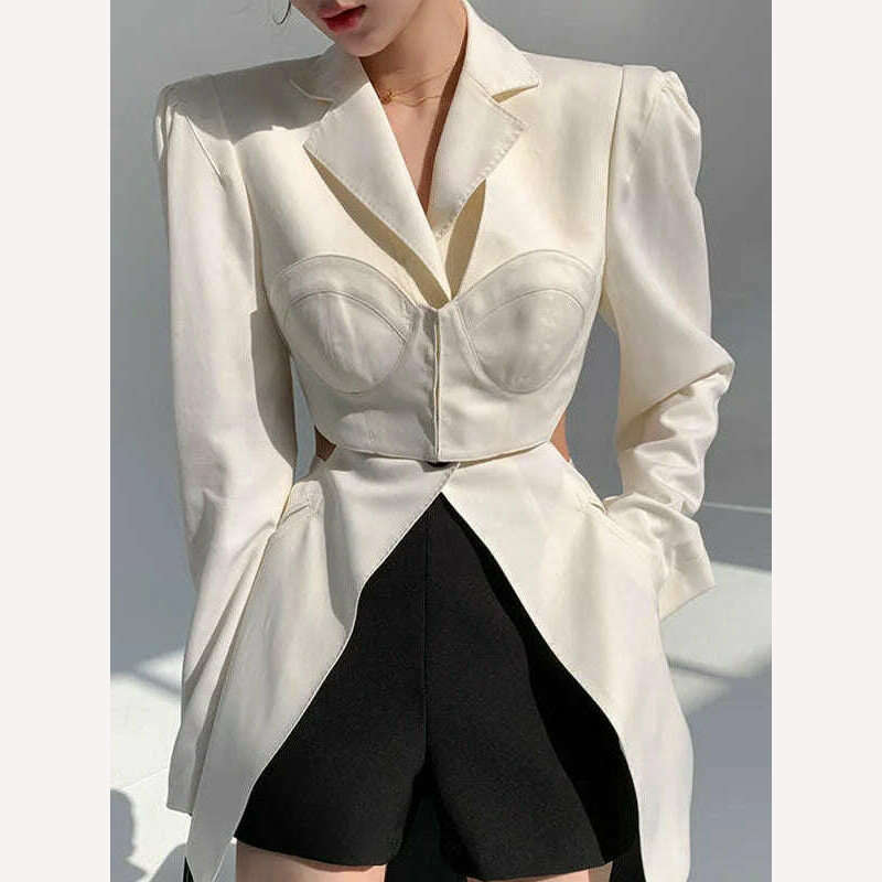KIMLUD, TWOTWINSTYLE White Casual Blazer For Women Notched Long Sleeve Hollow Out Korean Straight Blazers Female 2021 Spring Fashion New, White / S, KIMLUD Womens Clothes