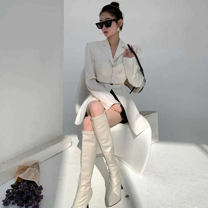 KIMLUD, TWOTWINSTYLE White Casual Blazer For Women Notched Long Sleeve Hollow Out Korean Straight Blazers Female 2021 Spring Fashion New, KIMLUD Womens Clothes