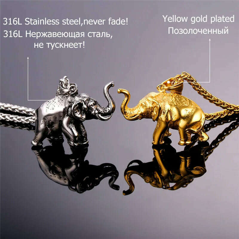 U7 Stainless Steel Gold Color Trendy Elephant Charm Pendant Necklace for Man Thick Chain Animal Lucky Jewelry Gift P755 - KIMLUD