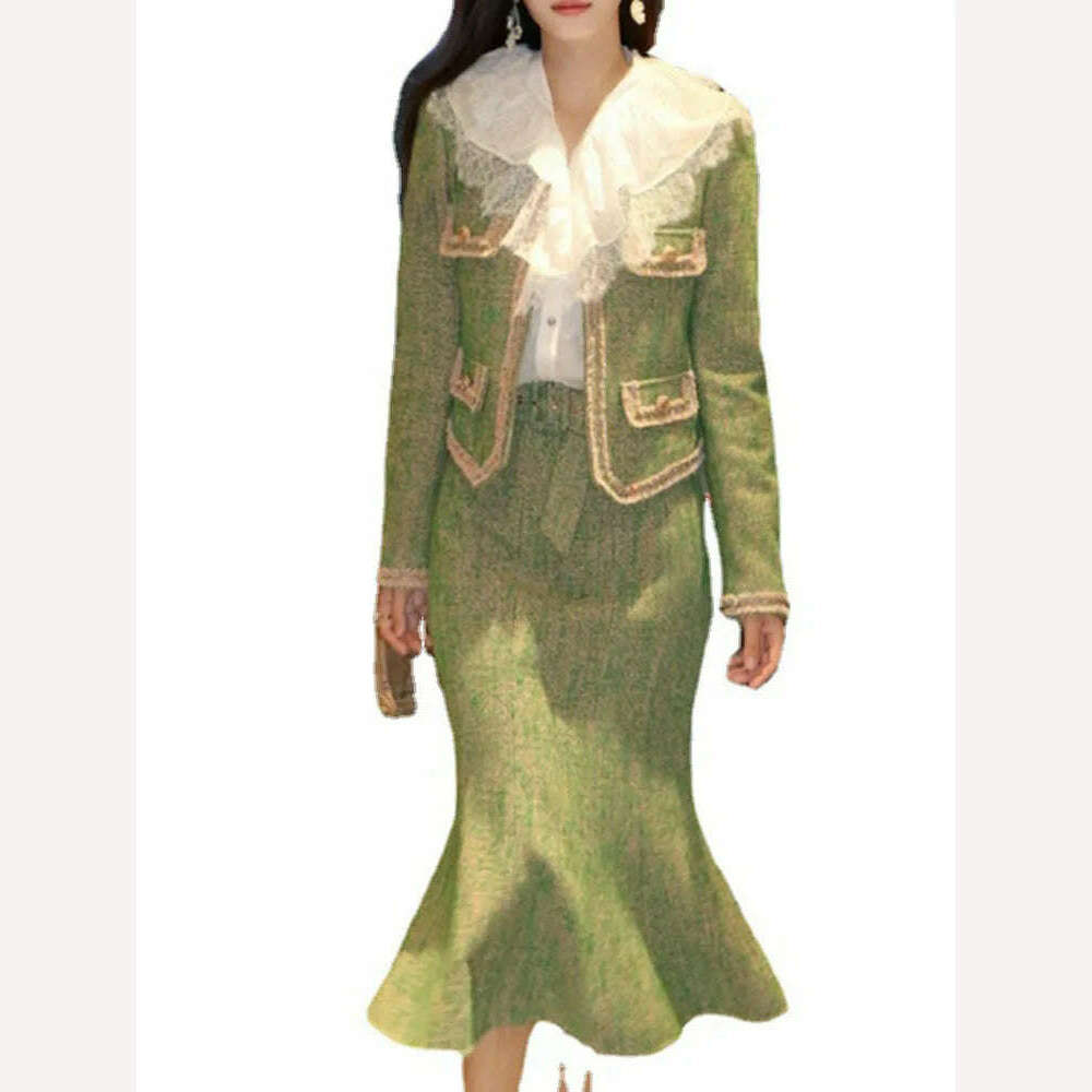 UCXQ Temperament Tweed Coats Skirts Set For Women Elegant O-neck Long Sleeve Jacket+ High Waist Hip Wrap Skirt 2023 New 23A4469, KIMLUD Women's Clothes