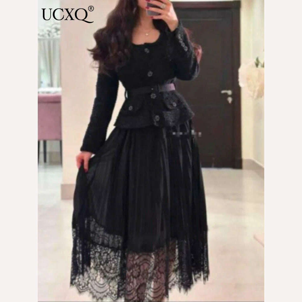 KIMLUD, UCXQ Vintage Beading Buttons O-neck Black Dress With Belt Summer 2023 Women Evening Dresses Ladies Wedding Party Clothes Tide, KIMLUD Women's Clothes