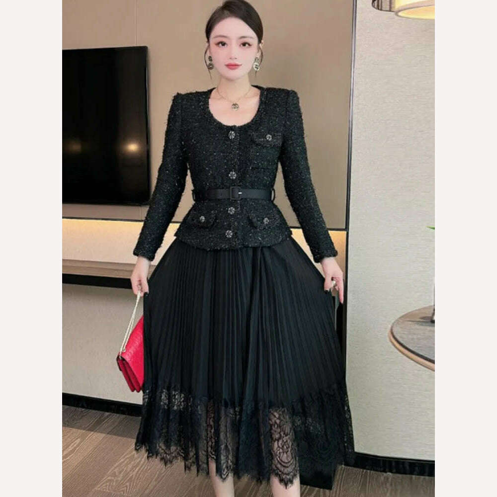 KIMLUD, UCXQ Vintage Beading Buttons O-neck Black Dress With Belt Summer 2023 Women Evening Dresses Ladies Wedding Party Clothes Tide, KIMLUD Womens Clothes