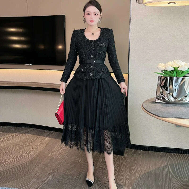 KIMLUD, UCXQ Vintage Beading Buttons O-neck Black Dress With Belt Summer 2023 Women Evening Dresses Ladies Wedding Party Clothes Tide, KIMLUD Womens Clothes