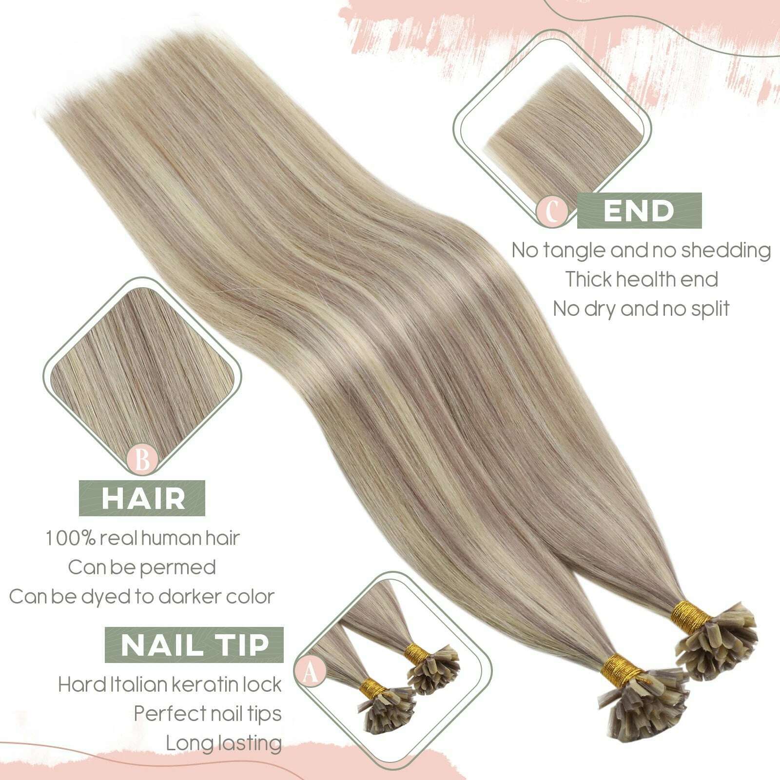 Ugeat U Tip Hair Extension Human Hair 1g/s Nail U Tip Hair For Women 14-24" Pre Bonded Hair Extensions 50g/100g Keratin Tip Hair - KIMLUD