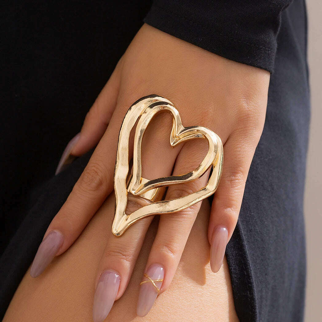 Unique Exaggerated Big Hollow Out Love Heart Rings for Women Trendy Creative Adjustable Open Rings Couple Y2K Jewelry Steampunk - KIMLUD
