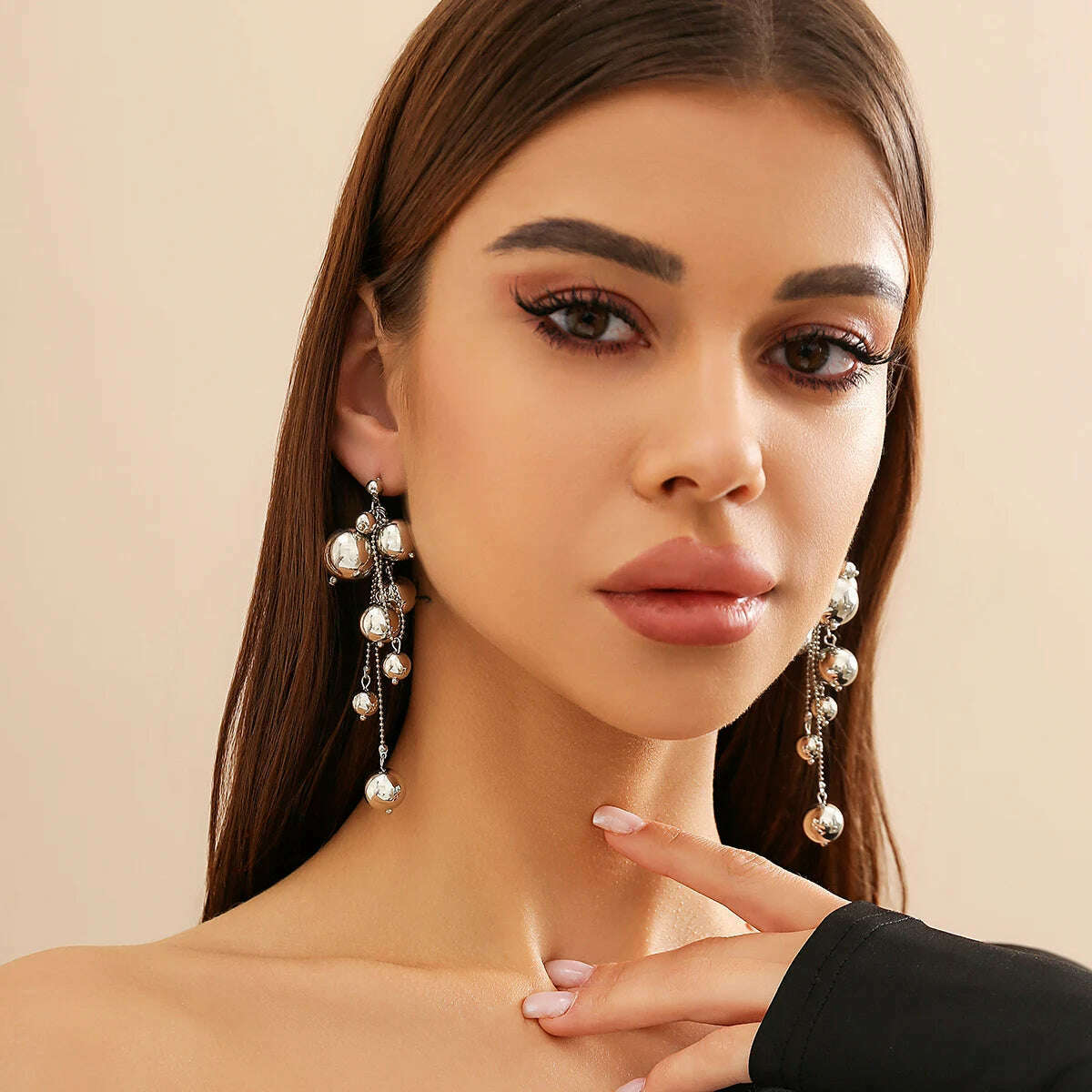 KIMLUD, Unique Goth Big Ball Tassel Drop Earrings for Women Classic Elegant Imitation Pearl Piercing Hanging Earrings Y2K Jewelry Gift, Silver Color, KIMLUD APPAREL - Womens Clothes