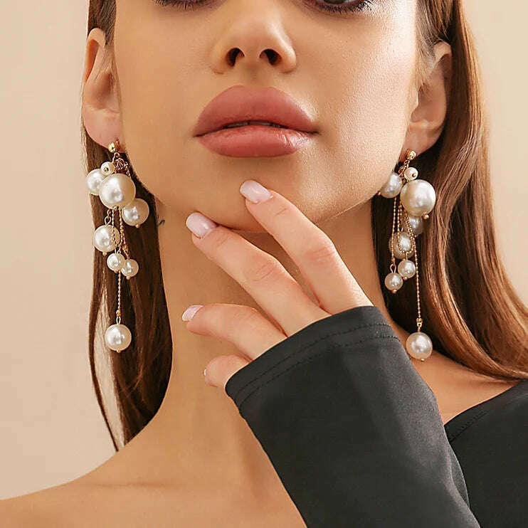KIMLUD, Unique Goth Big Ball Tassel Drop Earrings for Women Classic Elegant Imitation Pearl Piercing Hanging Earrings Y2K Jewelry Gift, White Color, KIMLUD APPAREL - Womens Clothes