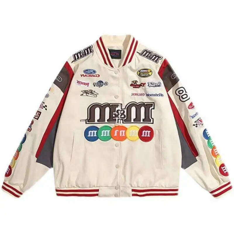 KIMLUD, Unisex American Bombers Coat Spring Autumn Hip Hop High Street Stand Collar Bomber Varsity Racing Woman Jacket Long Sleeve Coats, WHITE / M, KIMLUD APPAREL - Womens Clothes