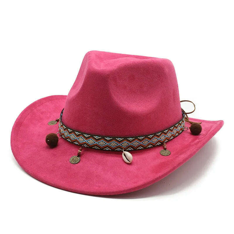 KIMLUD, Unisex Cowboy Hats Western Caps For Women And Men Suede 57-58cm Decorative Shells Braided Straps Retro Design Jazz Style NZ0125, Red / 57-58cm, KIMLUD Women's Clothes