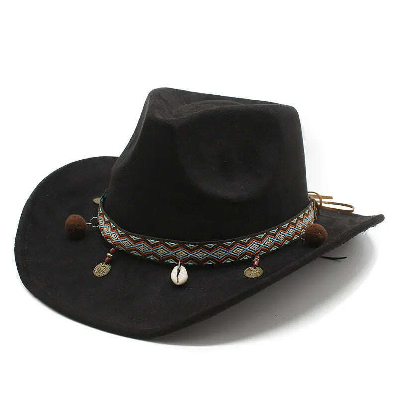 KIMLUD, Unisex Cowboy Hats Western Caps For Women And Men Suede 57-58cm Decorative Shells Braided Straps Retro Design Jazz Style NZ0125, black / 57-58cm, KIMLUD Women's Clothes