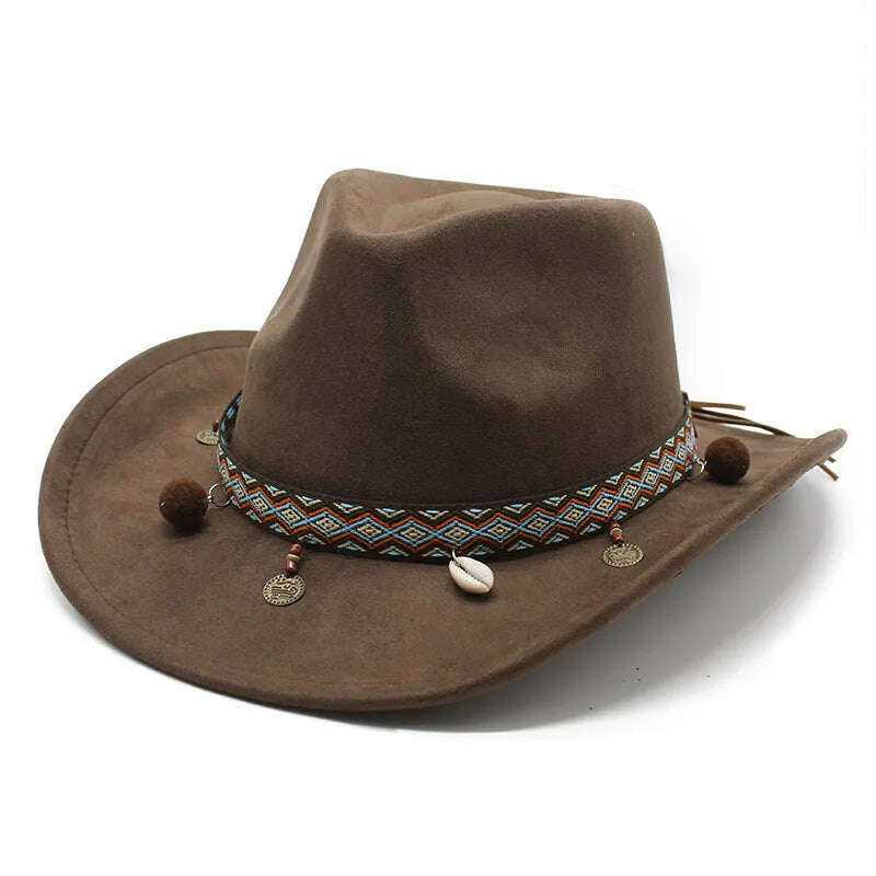KIMLUD, Unisex Cowboy Hats Western Caps For Women And Men Suede 57-58cm Decorative Shells Braided Straps Retro Design Jazz Style NZ0125, Brown / 57-58cm, KIMLUD Women's Clothes