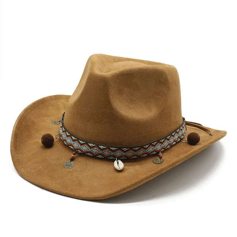 KIMLUD, Unisex Cowboy Hats Western Caps For Women And Men Suede 57-58cm Decorative Shells Braided Straps Retro Design Jazz Style NZ0125, Khaki / 57-58cm, KIMLUD Women's Clothes