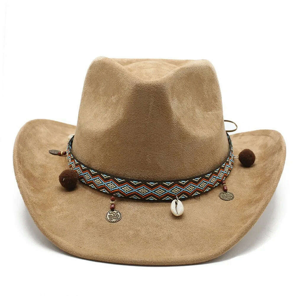 KIMLUD, Unisex Cowboy Hats Western Caps For Women And Men Suede 57-58cm Decorative Shells Braided Straps Retro Design Jazz Style NZ0125, KIMLUD Women's Clothes