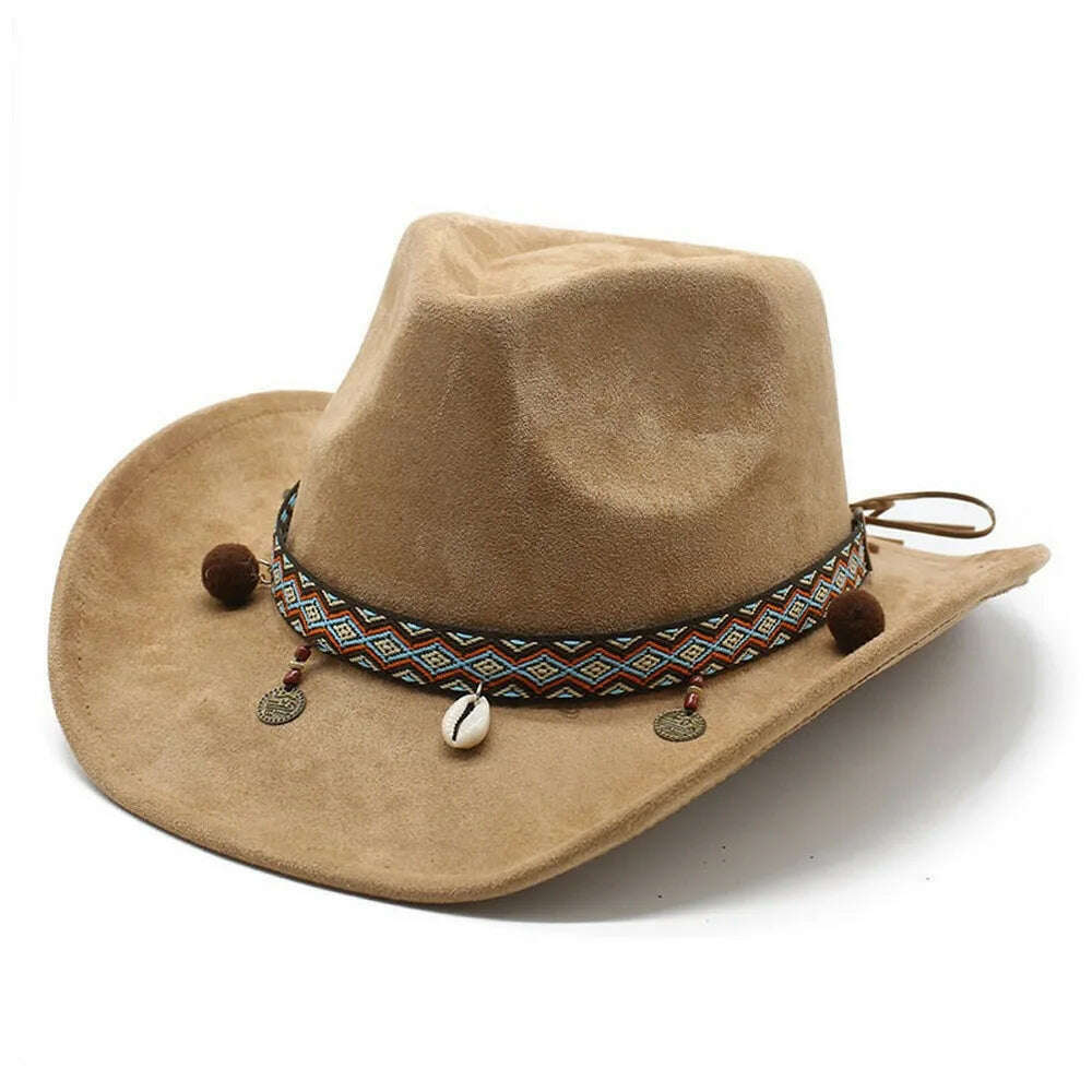 KIMLUD, Unisex Cowboy Hats Western Caps For Women And Men Suede 57-58cm Decorative Shells Braided Straps Retro Design Jazz Style NZ0125, Beige / 57-58cm, KIMLUD Women's Clothes