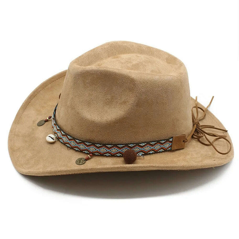 KIMLUD, Unisex Cowboy Hats Western Caps For Women And Men Suede 57-58cm Decorative Shells Braided Straps Retro Design Jazz Style NZ0125, KIMLUD Womens Clothes