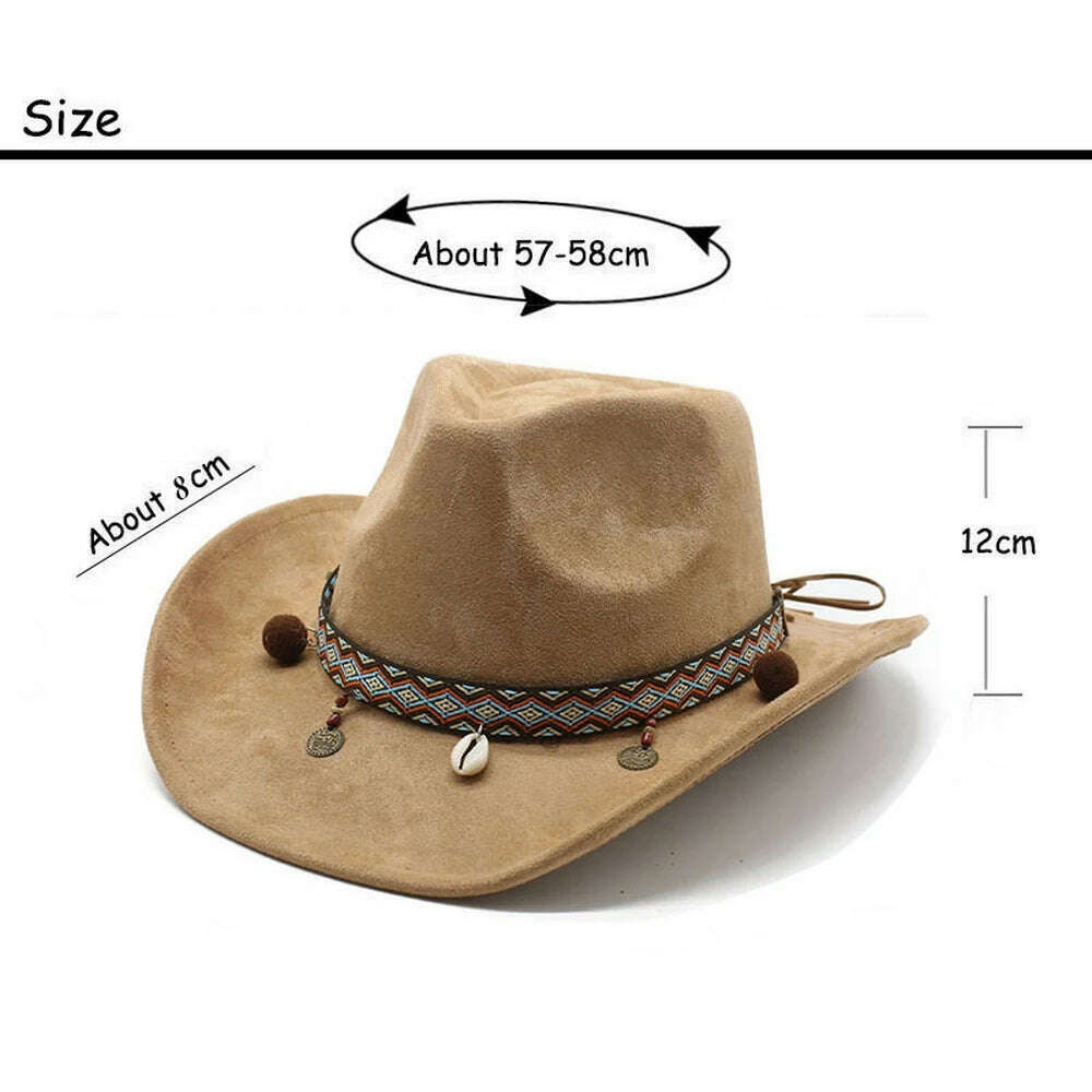 KIMLUD, Unisex Cowboy Hats Western Caps For Women And Men Suede 57-58cm Decorative Shells Braided Straps Retro Design Jazz Style NZ0125, KIMLUD Womens Clothes